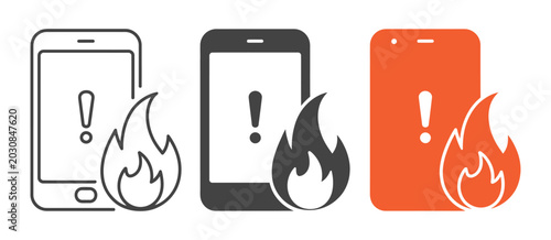 Foto Burning Mobile Phone Icon Set, smartphone caught fire vector illustration, overh