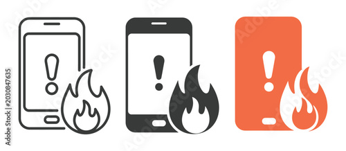 Fotografía Burning Mobile Phone Icon Set, smartphone caught fire vector illustration, overh