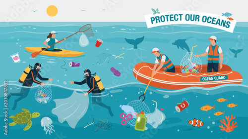 Full color vector illustration of ocean cleanup activity