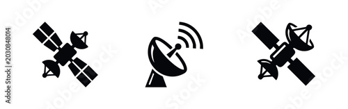 Foto Set of minimalist black and white icons featuring satellites and a parabolic antenna dish, representing global communication and space technology