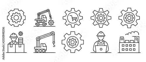 Bild auf Leinwand Set of manufacturing and industrial line icons representing factory production, logistics, automation, and warehouse storage with various machinery and equipment symbols, vector Illustration