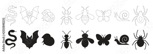 Quadro em tela Collection of black silhouette icons of animals and spooky creatures for Halloween