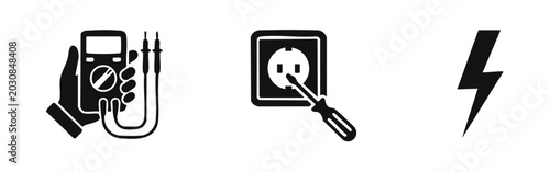 Quadro su tela Set of black electrical icons featuring a hand with a digital multimeter, a power outlet being repaired with a screwdriver, and a lightning bolt