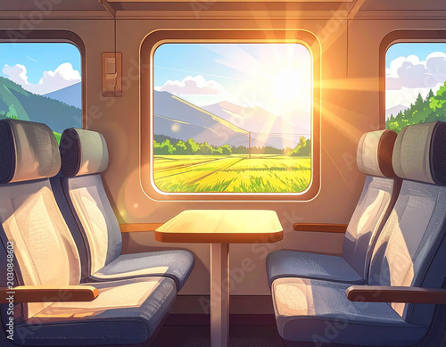 Train Interior with Scenic View Landscape.