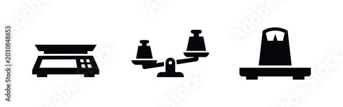 Bild auf Leinwand A set of three black icons representing different types of weighing scales: a digital counter scale, a balance scale, and a mechanical floor scale