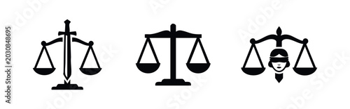 Schilderij op canvas Set of three black icons representing law and justice, featuring scales of justice, a sword, and the blindfolded Lady Justice on a white background