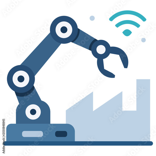 Smart industrial robotic arm in a modern factory setting with a wireless Wi-Fi symbol. Perfect vector icon for automation, IoT, manufacturing technology, and Industry 4.0 concepts.