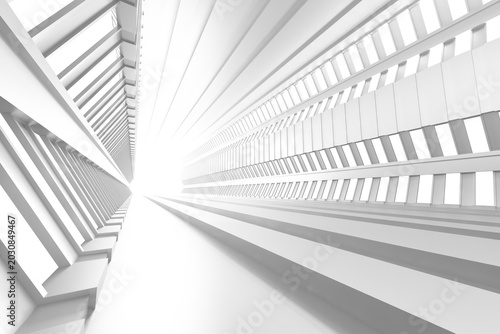 Bright white abstract corridor perspective with repeating beams and strong light for modern background and architectural wallpaper design .3d render