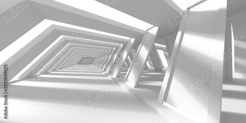 Abstract repetitive architectural tunnel with angled frames and corridor perspective for futuristic background and banner design.3d render