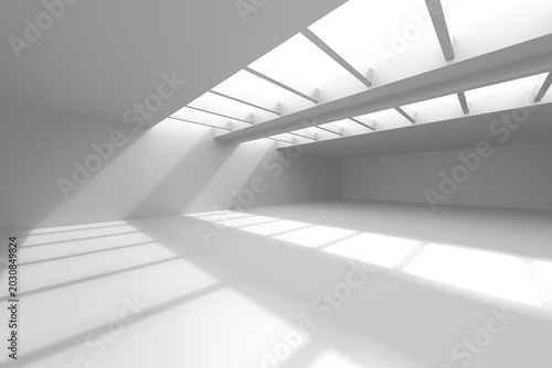 Bright minimal interior with skylights casting long shadows for architectural background and natural light study design .3d render