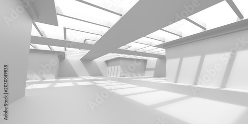 Bright white architectural interior space with skylights and geometric shadows for modern background and poster design.3d render