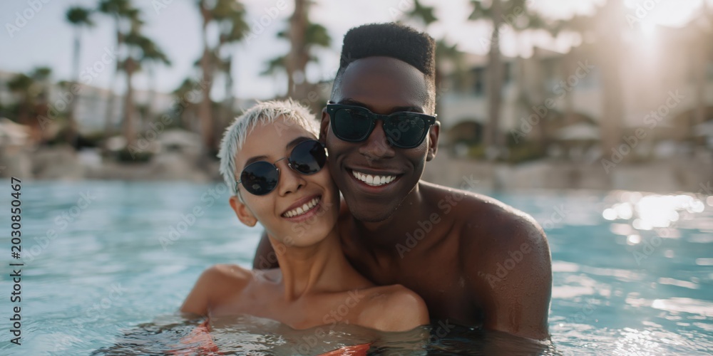 Obraz premium Diverse couple smiling together in resort pool at sunset