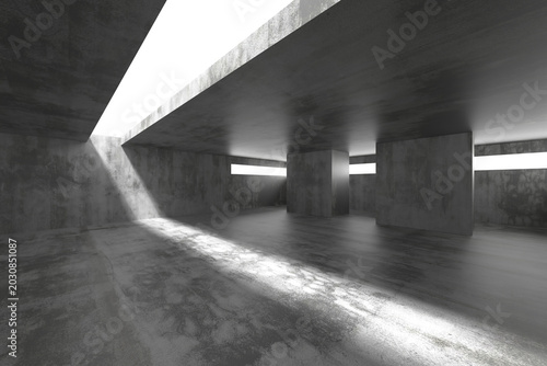 Concrete architectural interior with skylights and dramatic light shafts for modern background and wallpaper design.3d render