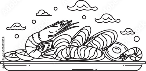 Photos Seafood platter illustration with shrimp oysters lemon slices line art seafood d