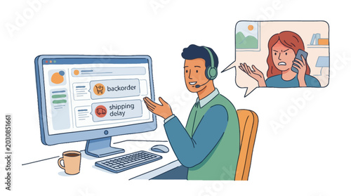 Customer service representative handling a complaint from an angry customer. EPS Editable. Vector Illustrations.