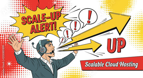 Man with headset shouts "Scale-up Alert!" with ascending arrows and "UP"