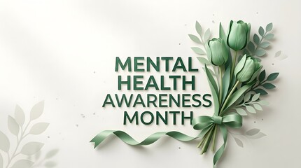 Mental health awareness month green ribbon tulips illustration