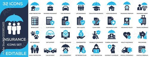 Foto Insurance solid icon set featuring health, life, car, business, claims, and risk protection