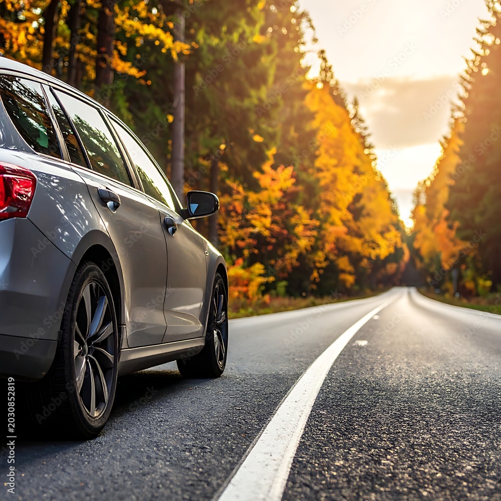 Fototapeta premium Silver car driving on autumn road.