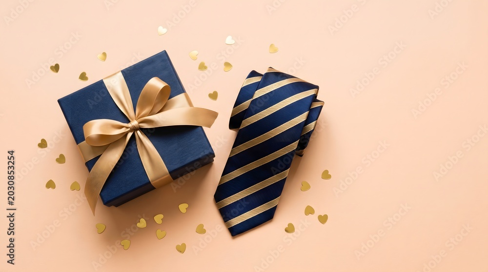 Obraz premium Father's day gift ideas navy blue gift box with gold ribbon and striped tie on peach background with heart confetti
