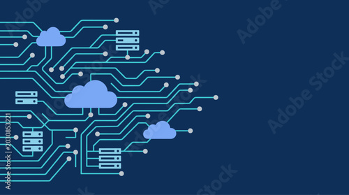 Cloud computing server infrastructure with circuit board lines vector illustration