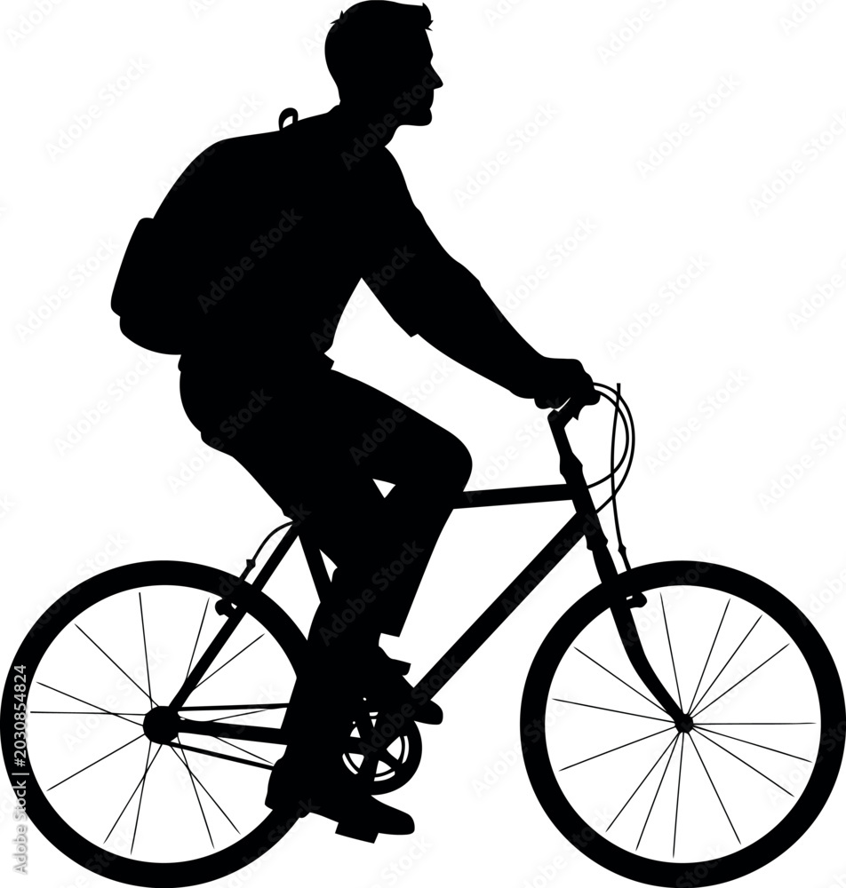 Naklejka premium Silhouette of Young Man Riding Bicycle with Backpack Isolated on White Background