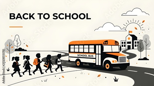 Back to school vector illustration with students walking to the school bus