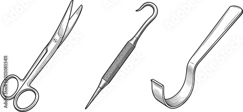 Bild auf Leinwand Detailed surgical instrument line drawings including scissors, hook probe, and r