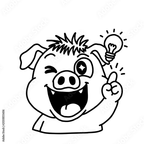 Schilderij op canvas Cute boar or pig character cartoon with a light bulb getting a creative idea vec