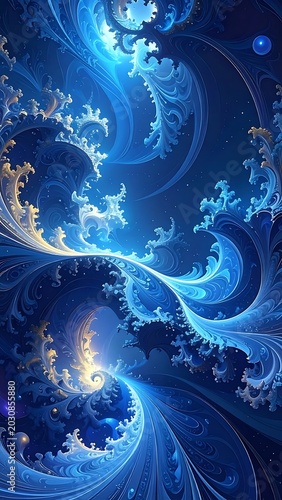 Vibrant blue fractal design pattern background.