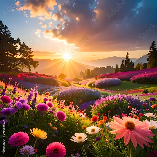 Vibrant colorful flowers at sunset landscape.