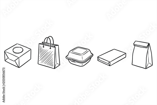 Minimalist blackline vector icons set showcasing various packaging and delivery materials including takeout boxes, tote bags, and envelopes on clean white background