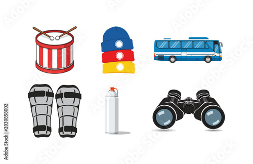 Schilderij op canvas Collection of illustrated icons featuring a drum, hat, bus, shin guards, spray c