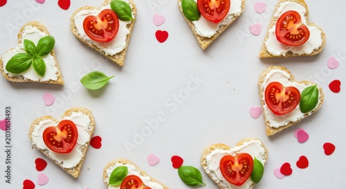Heart Shaped Sandwiches with Cream Cheese, Tomato and Basil