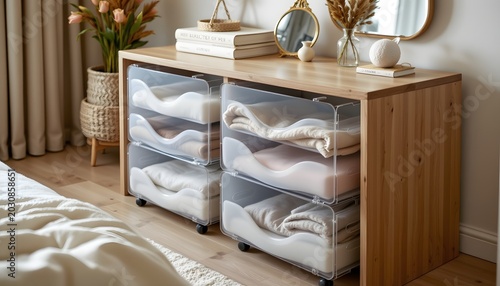elegant multi layer plastic storage drawers with soft curves, contemporary bedroom organization, neutral aesthetic