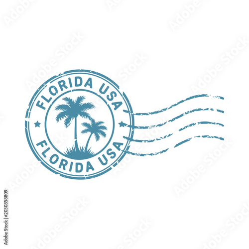 Florida usa travel stamp with palm tree teal and white