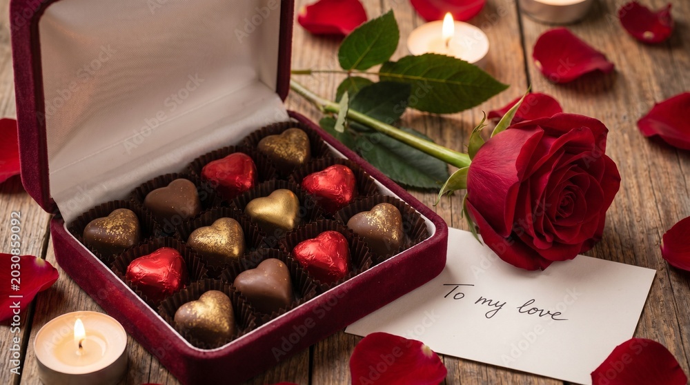 Obraz premium A romantic setup with chocolates and a rose on a table