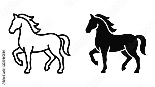 Horse icon set silhouette and outline