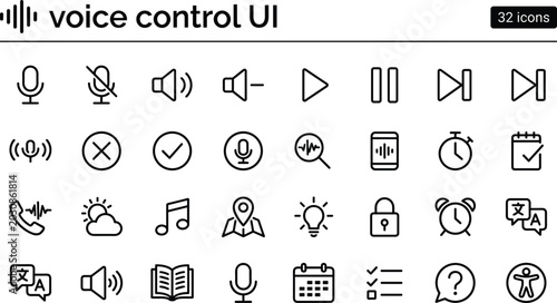 Voice Control UI Icon Set With Outline Microphone Audio Playback And Smart Assistant Interface Symbols Design