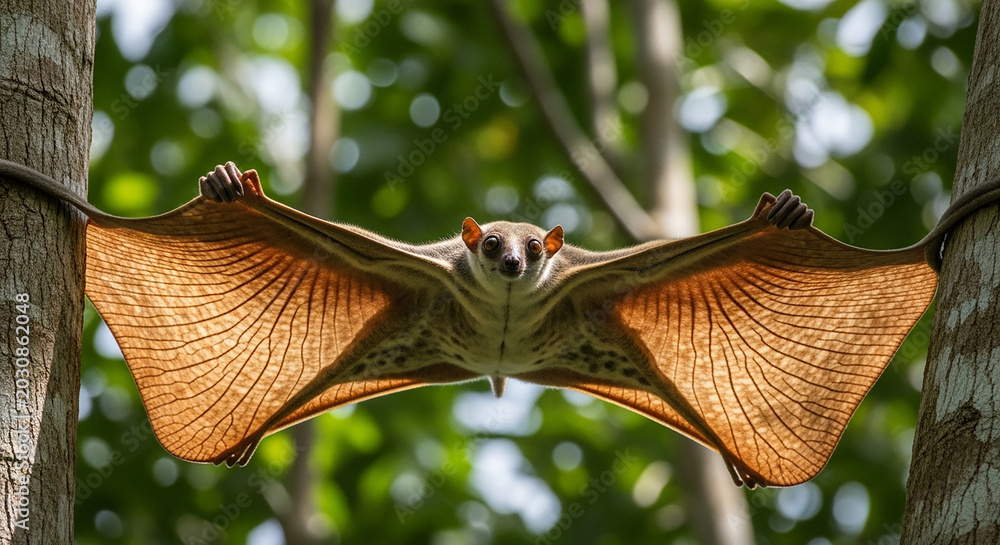 Fototapeta premium A colugo or flying lemur stretching its patagium membrane between two tree trunks in a dense tropical forest habitat