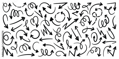 Hand drawn scribbles doodle arrow collection. Charcoal arrows vector icons set. Curved swirl sketch vector illustrator