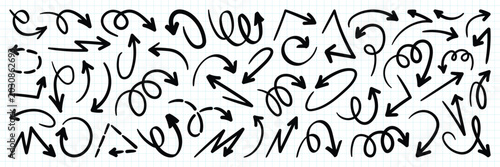 Curly arrow doodle collection. Hand drawn artistic scribble curved arrow direction symbols set. Curved and wavy brush strokes arrows.