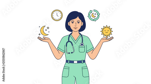 A tired nurse balancing night and day shift work. EPS Editable. Vector Illustrations.