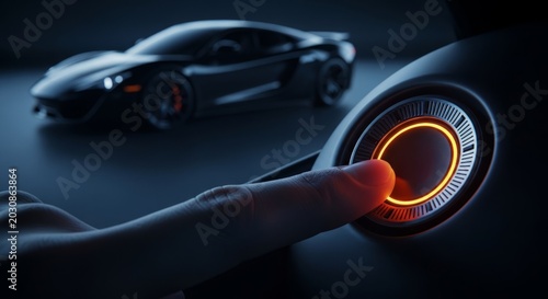 Hand pressing glowing start button on modern luxury car dashboard, ignition concept