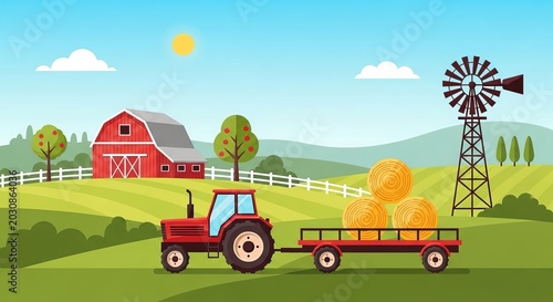 Tractor hauling hay bales on farm with barn and windmill, rural landscape