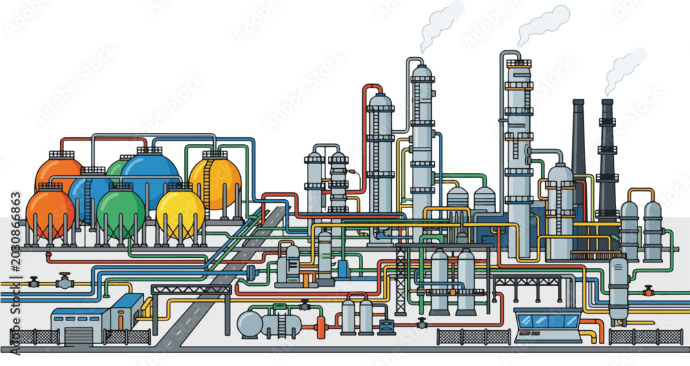 Fototapeta premium The industrial complex with towers and pipes is emitting smoke.