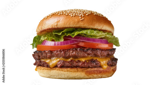 Double cheeseburger with lettuce tomato, and red onion on sesame seed bun
