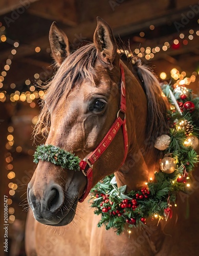 Brown horse with Christmas decoration on face.