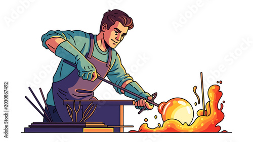 Photos Glassblower at Work: A skilled craftsman meticulously shapes molten glass with a blowpipe, his intense focus evident as the incandescent material transforms under his expert touch
