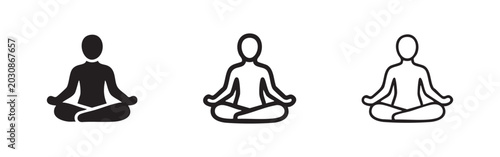 Photography Icon set of a person meditating in a lotus position, in solid, outline, and simp